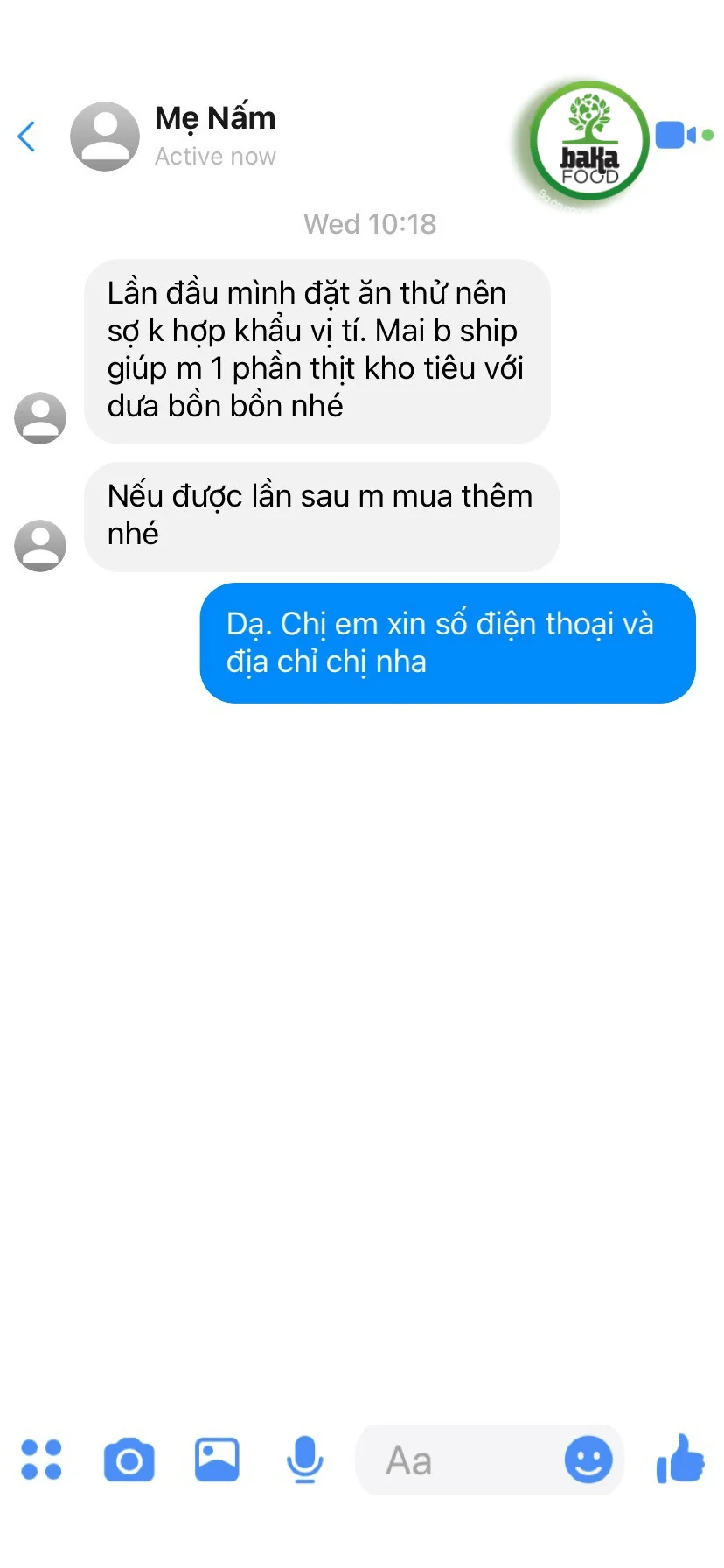 Đơn hàng đặt món thịt kho tiêu tại Bakafood
