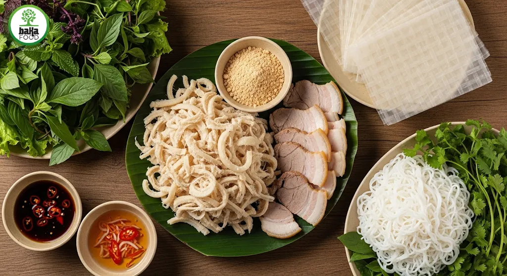 Cần chuẩn bị các nguyên liệu như bì, thịt heo, thính, bánh tráng, rau, bún, nước chấm và bánh tráng Cần chuẩn bị các nguyên liệu như bì, thịt heo, thính, bánh tráng, rau, bún, nước chấm và bánh tráng