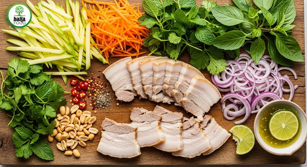 Để làm gỏi xoài thit heo thì cần chuẩn bị các nguyên liệu như thịt ba chỉ, xoài xanh, cà rốt, hành tây, các loại rau, đậu phộng cùng gia vị Để làm gỏi xoài thit heo thì cần chuẩn bị các nguyên liệu như thịt ba chỉ, xoài xanh, cà rốt, hành tây, các loại rau, đậu phộng cùng gia vị