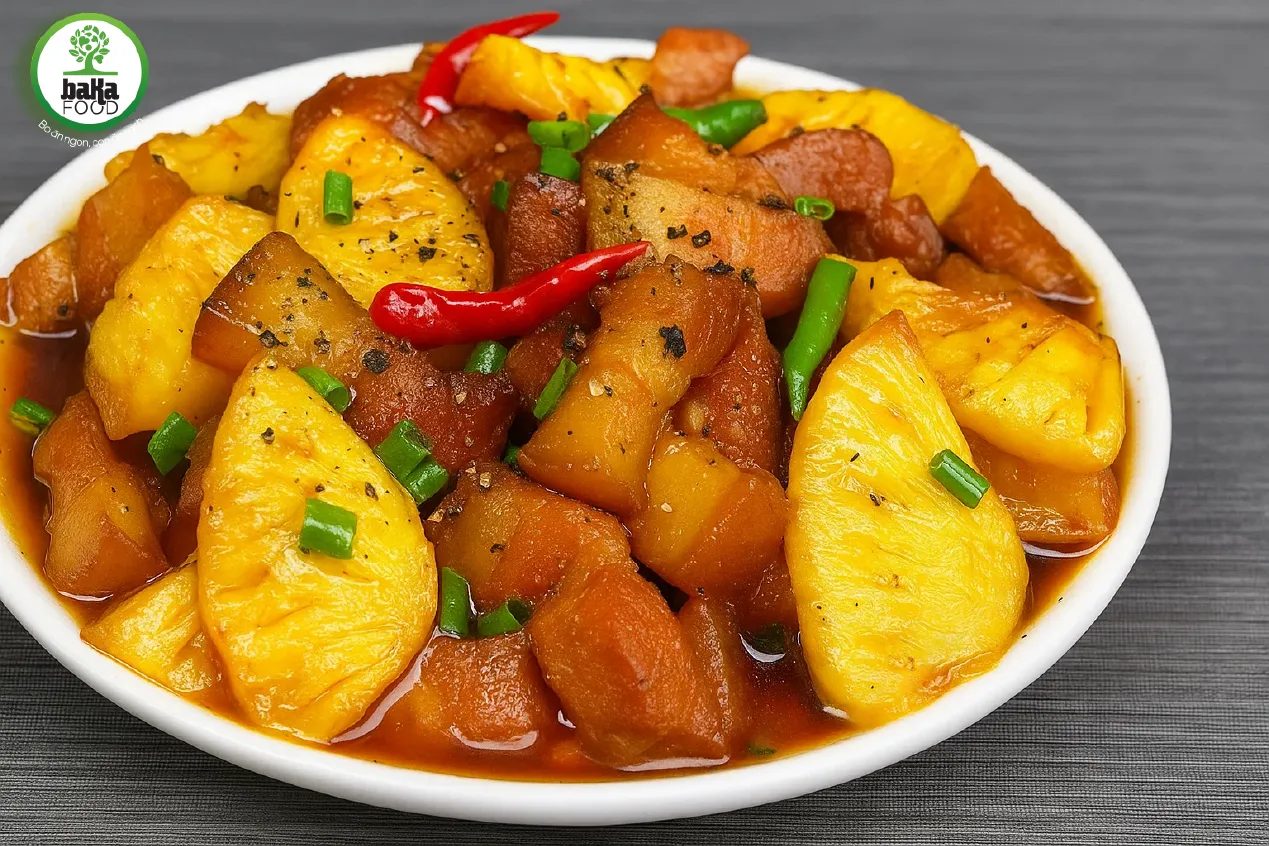 Trình bày thịt kho dứa đẹp mắt bằng cách xếp xen kẽ, rắc tiêu và điểm xuyết hành lá Trình bày thịt kho dứa đẹp mắt bằng cách xếp xen kẽ, rắc tiêu và điểm xuyết hành lá