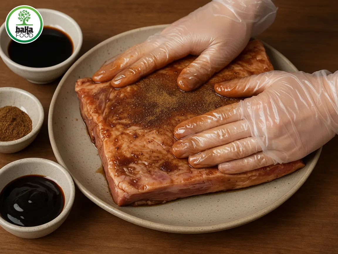 Dùng dầu hào, nước tương, ngũ vị ướp, bóp thịt kỹ lưỡng