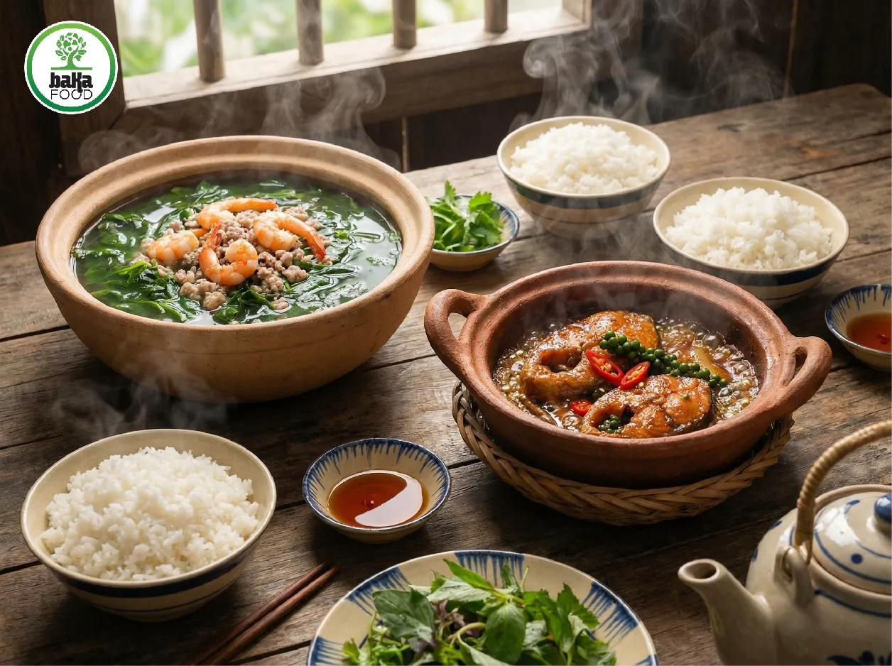 Canh rau ngót thanh mát và cá kho tộ đậm đà tạo nên thế cân bằng quen thuộc