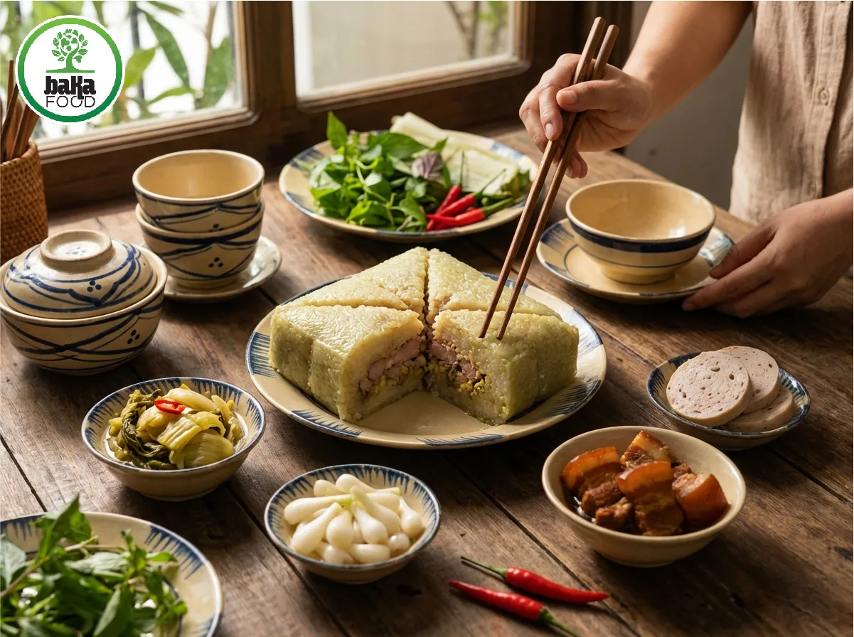 Bánh chưng mặn ngon hơn khi ăn kèm dưa chua, củ kiệu và các món mặn, giúp cân vị và giảm ngán hiệu quả