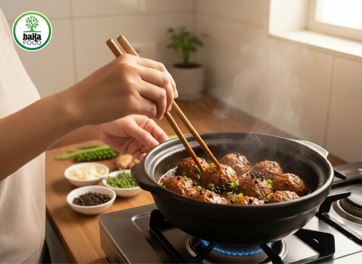 Kho bò viên ở lửa nhỏ giúp gia vị thấm đều và không làm bò viên bị khô