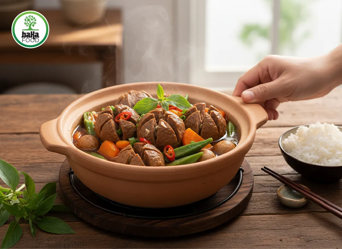Kho bò viên cùng rau củ giúp món ăn cân bằng dinh dưỡng và đỡ ngấy