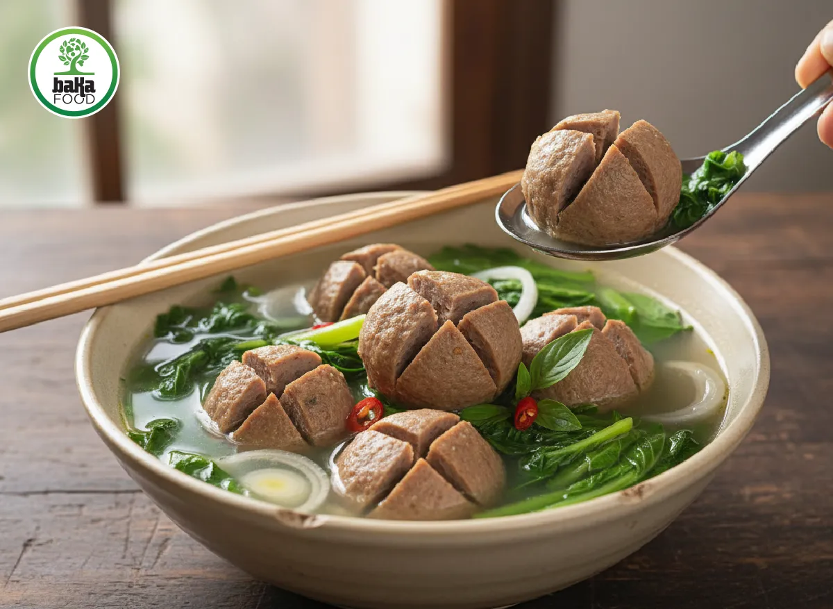 Rau cải nấu cùng bò viên tạo nước canh ngọt dịu, ăn không ngán