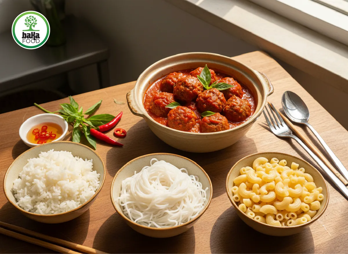 Bò viên sốt cà chua ăn cùng cơm trắng nóng, bún tươi hoặc nui luộc giúp món ăn thêm đậm đà