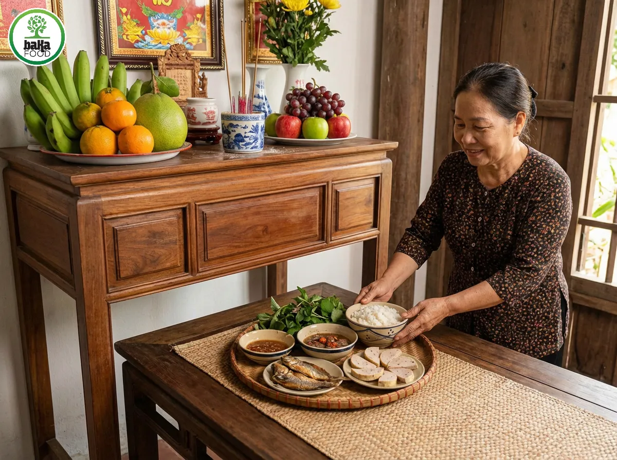 Sự kết hợp giữa mâm ngũ quả và mâm cơm mang trọn ý nghĩa đủ đầy